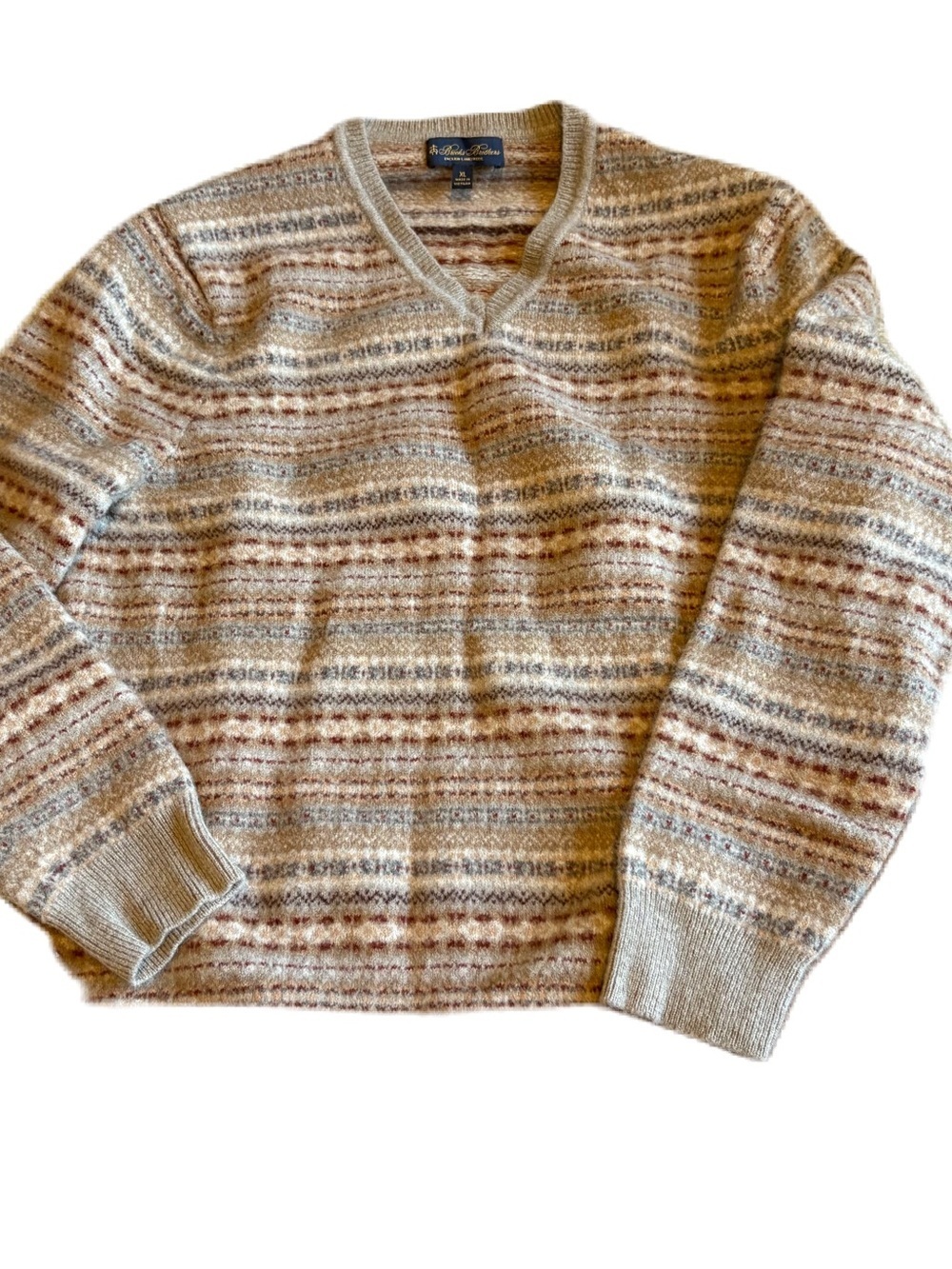 Brooks Brothers Lambs Wool V-Neck Sweater XL Fair Isle Tan Red Cream